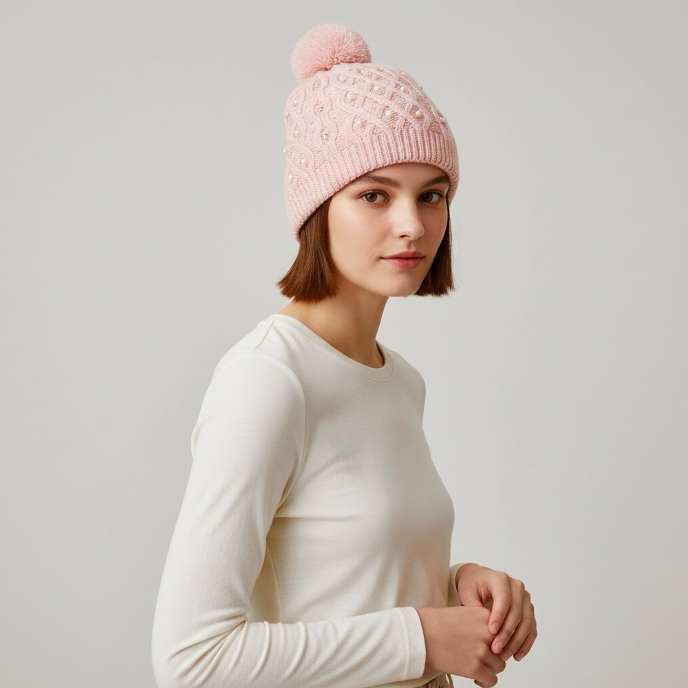 Beanie Pom-Pom Cable Knit Embellished Faux Pearls & Rhinestones Stretch